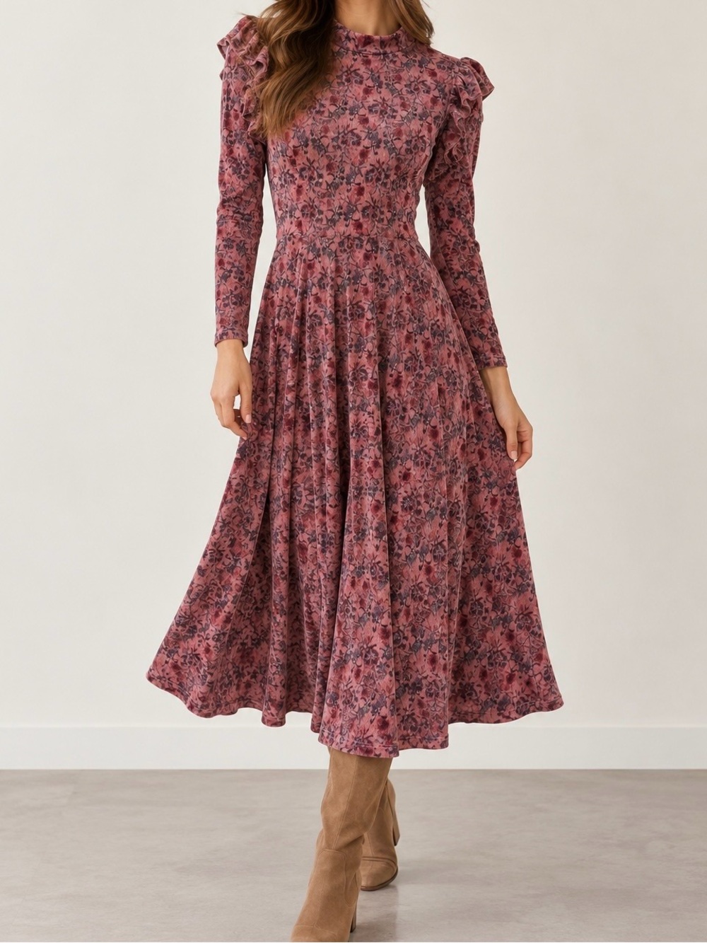 Ivy City Co Women’s S Pink Floral Velvet Midi Dress Ruffle Long Sleeve
